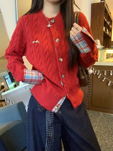 BrandyGirl新年红格纹拼接麻花针织开衫 女学院软糯毛衣外套上衣潮