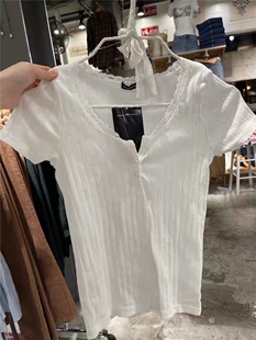 Brandy 显瘦百搭上衣 Girl欧美风蕾丝边三粒扣纯棉T恤女bm短袖 修身
