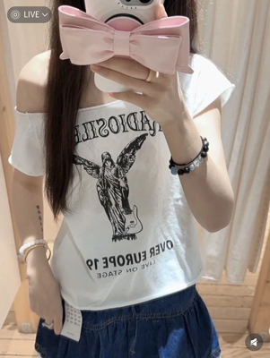 BrandyGirl美式复古天使印花斜肩卷边bm短袖T恤女打底修身上衣潮