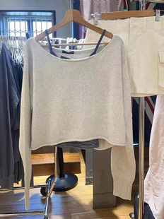 T恤女宽松百搭纯色上衣 大领口bm漏肩卷边长袖 BrandyGirl新款 美式