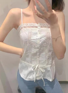 Brandy Girl欧美风纽扣系带修身上衣bm收腰显瘦吊带蕾丝花边背心