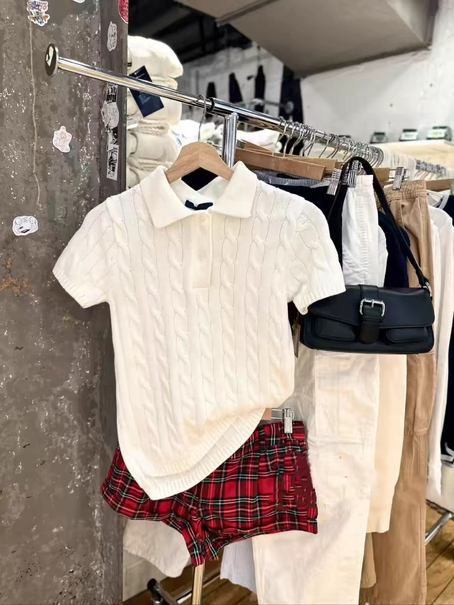 BrandyGirl美式复古麻花针织翻领bm短袖T恤女修身显瘦百搭上衣潮