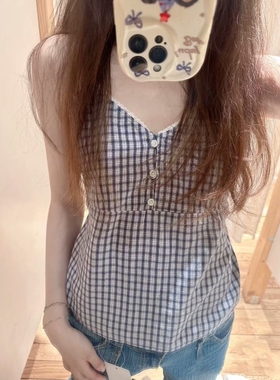 BrandyGirl新款美式三粒扣格纹bm吊带女复古系带收腰显瘦外穿背心