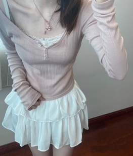 T恤女圆领修身 镂空三粒扣bm长袖 纯棉打底上衣 美式 BrandyGirl新款