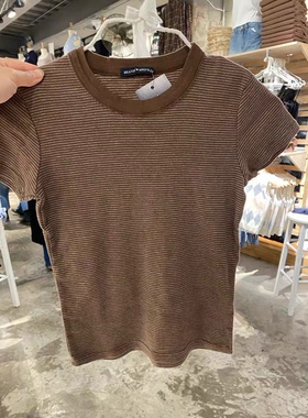 Brandy Girl美式复古棕色条纹短袖T恤女bm纯棉修身显瘦上衣ins风