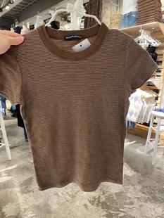 Brandy Girl美式复古棕色条纹短袖T恤女bm纯棉修身显瘦上衣ins风