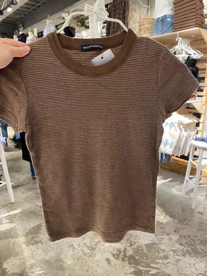 Brandy Girl美式复古棕色条纹短袖T恤女bm纯棉修身显瘦上衣ins风