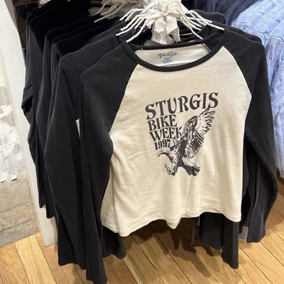 Brandy Girl美式老鹰印花T恤bella拼色插肩长袖打底衫女bm上衣潮