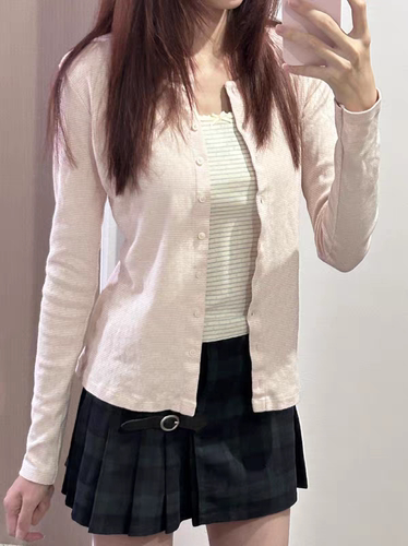 BrandyGirl新款美式复古粉色条纹bm开衫T恤修身显瘦长袖圆领外套