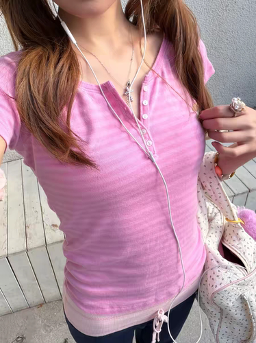 BrandyGirl美式复古钮扣半开衫粉色bm条纹短袖女修身显瘦短款T恤