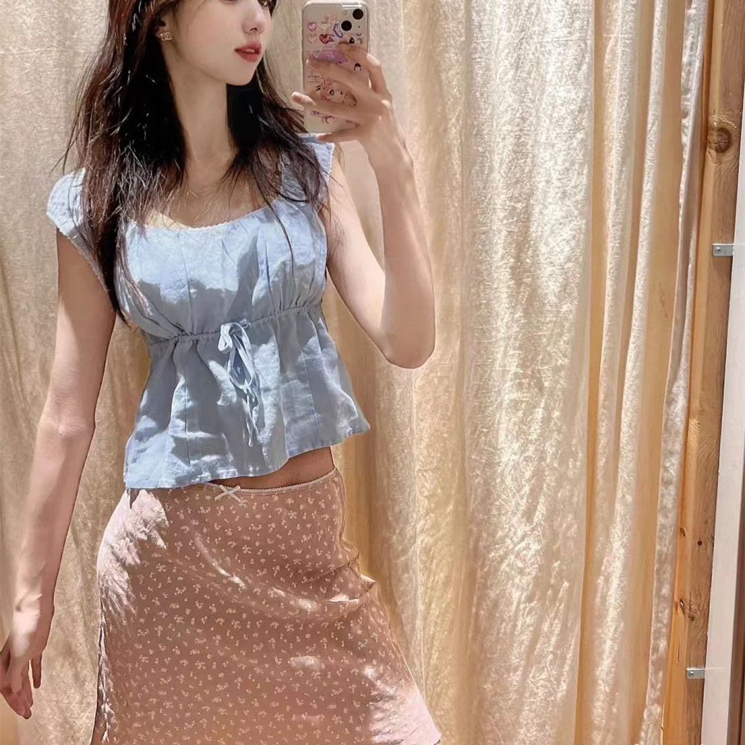 系带背心美式收腰T恤无袖上衣女