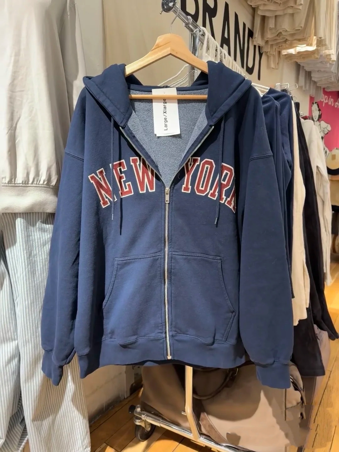 BrandyGirl虞书欣同款NewYork刺绣bm连帽卫衣女宽松拉链外套上衣