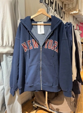 BrandyGirl虞书欣同款NewYork刺绣bm连帽卫衣女宽松拉链外套上衣