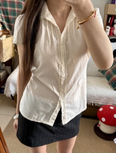 BrandyGirl美式复古蕾丝拼接bm短袖衬衫女修身显瘦百搭衬衣上衣潮