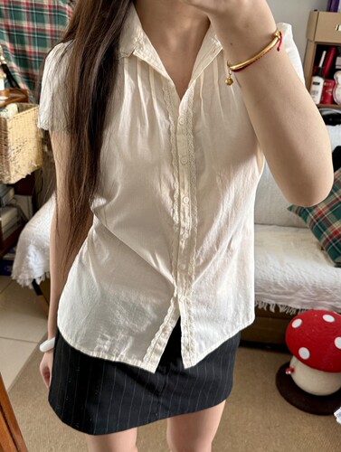 BrandyGirl美式复古蕾丝拼接bm短袖衬衫女修身显瘦百搭衬衣上衣潮