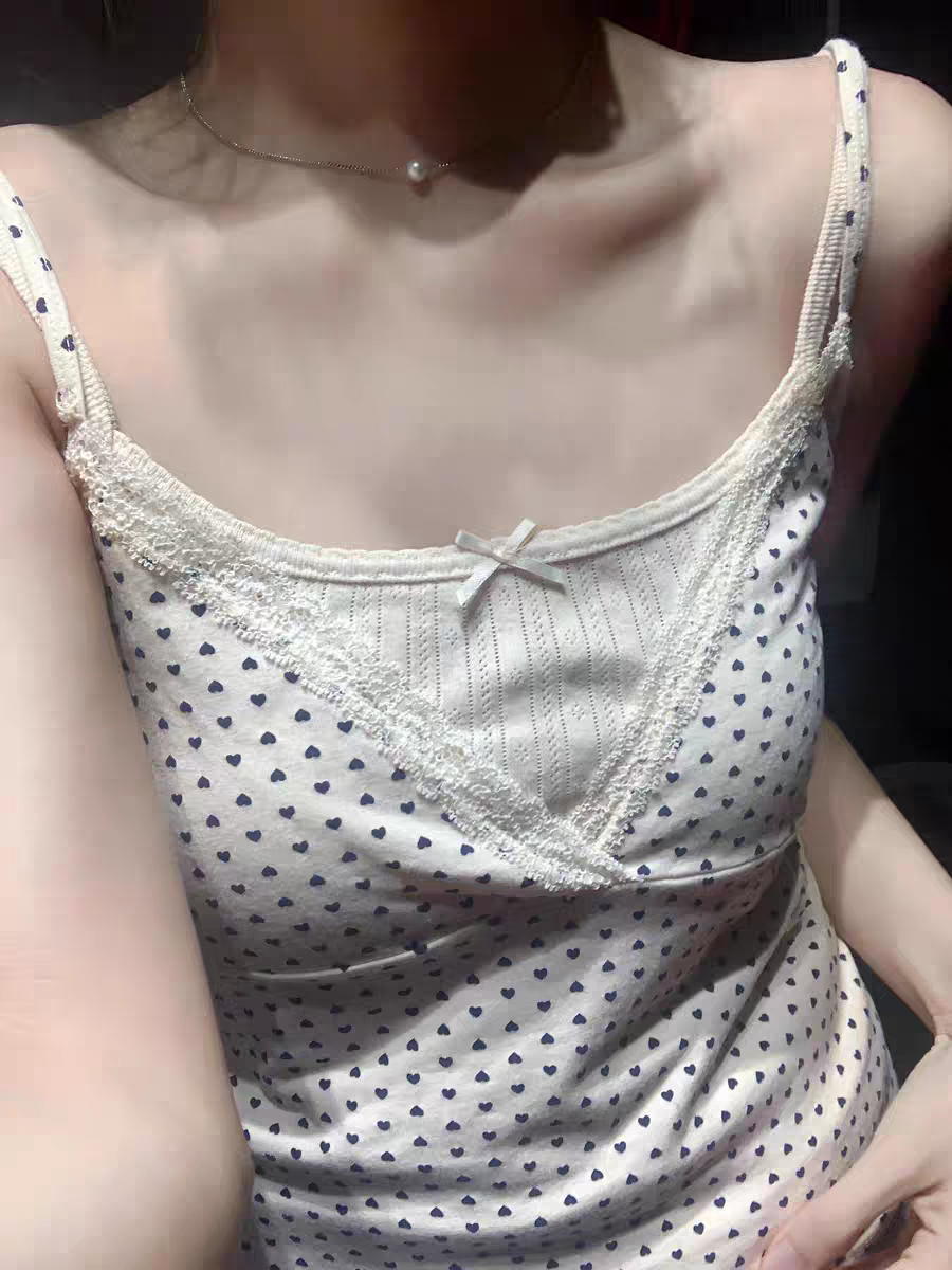 BrandyGirl蕾丝花边bm爱心吊带背心女美式复古修身v领短款上衣潮