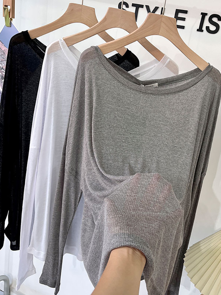 防晒罩衫女夏季显瘦镂空空调衫薄款一字领大圆领透视针织防晒T恤