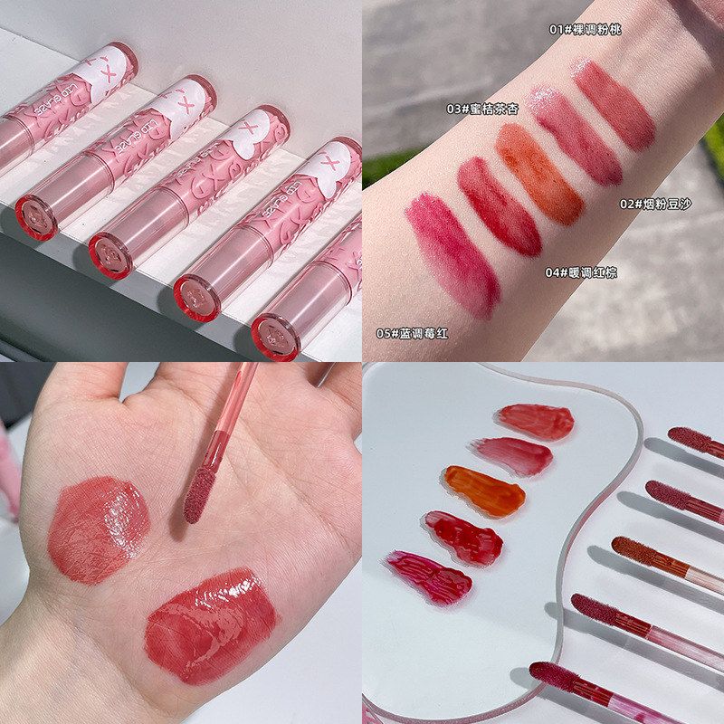 baxi巴茜桃粉熊水光镜面唇釉易上色不脱妆滋润丝绒裸色伪素颜口红