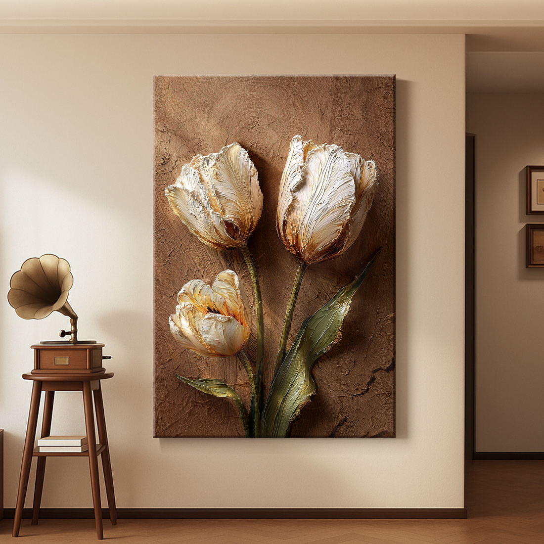 中古风客厅沙发背景墙装饰画立体浮雕玄关挂画郁金香肌理感墙壁画