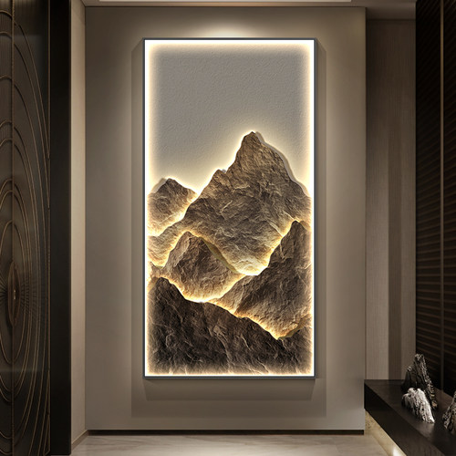 现代轻奢入户玄关装饰画 画日照金山发光壁灯画 画靠山走廊过道山
