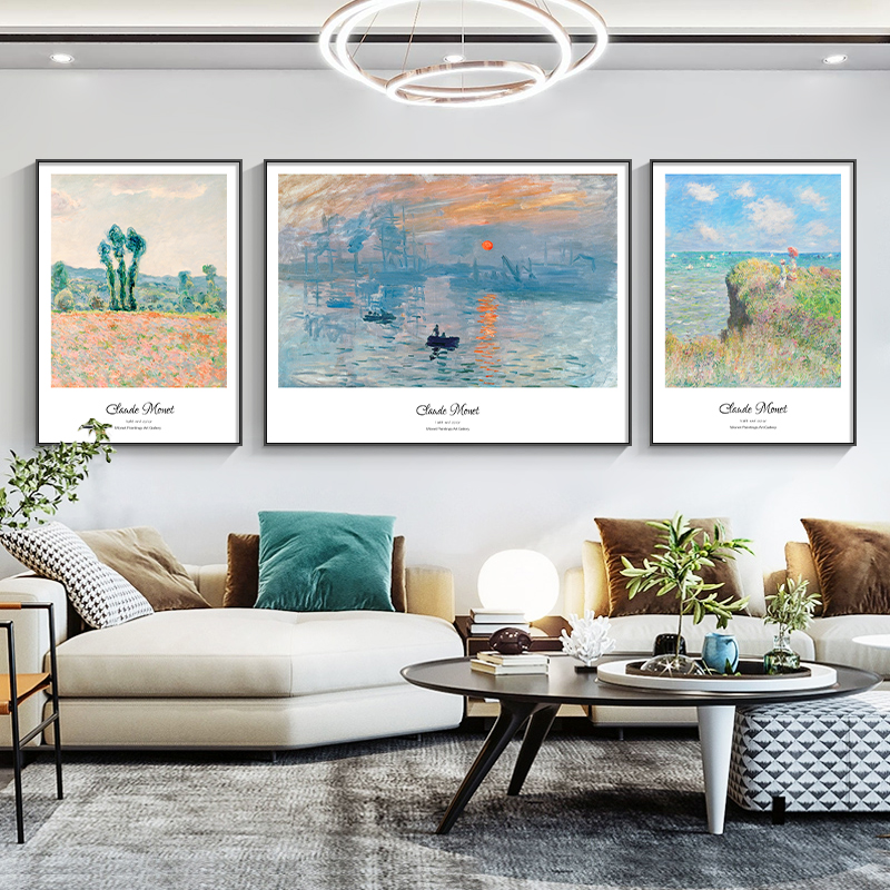 莫奈世界名画现代简约客厅装饰画沙发背景墙挂画日出印象睡莲壁画-画约 