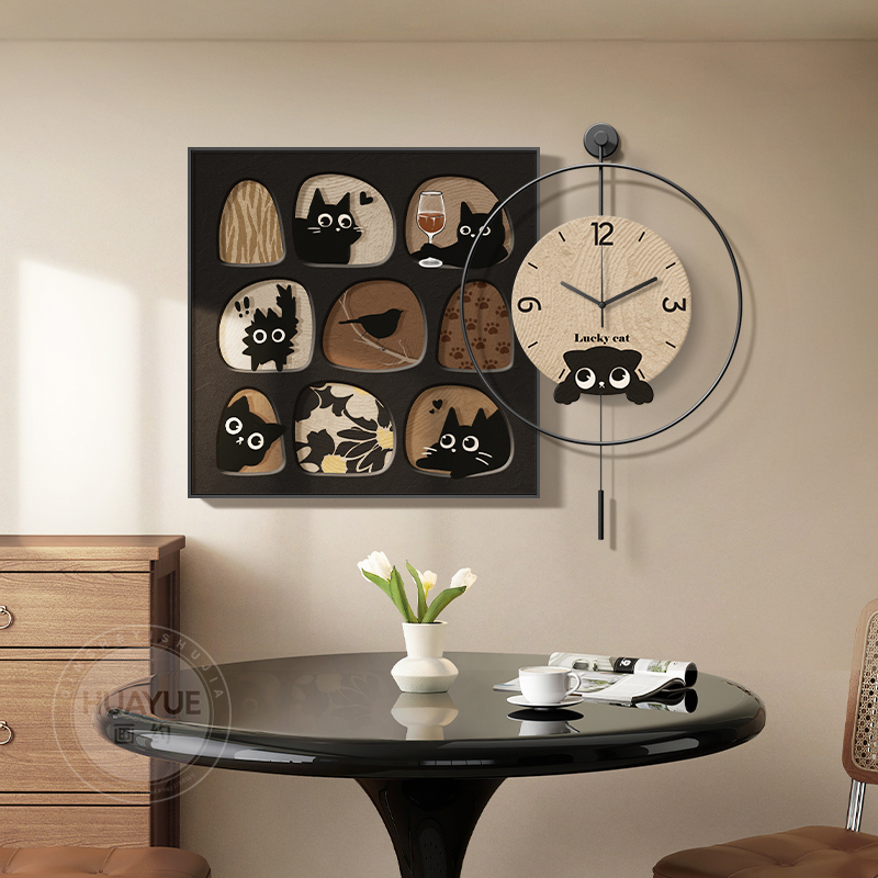 法式中古风餐厅装饰画带钟表卡通猫咪饭厅挂画复古时钟客厅壁画灯