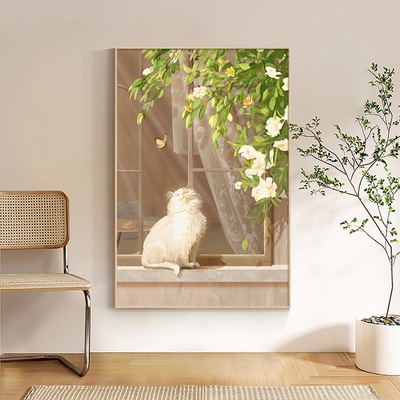 北欧ins风客厅装饰画绿植猫咪挂画沙发背景墙画法式窗户玄关壁画