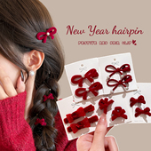 韩版 丝绒红色蝴蝶结发夹女秋冬甜美侧边刘海夹前额碎发夹新年头饰