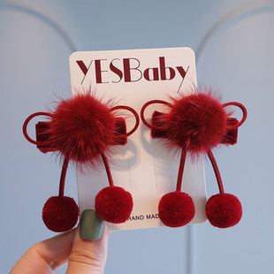 新年红色喜庆毛球发夹2026新款水貂毛夹子宝宝公主头对夹边夹头饰