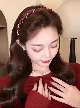 红色丝绒珠珠波浪发箍女高颅顶洗脸专用头箍气质发卡百搭压发头饰