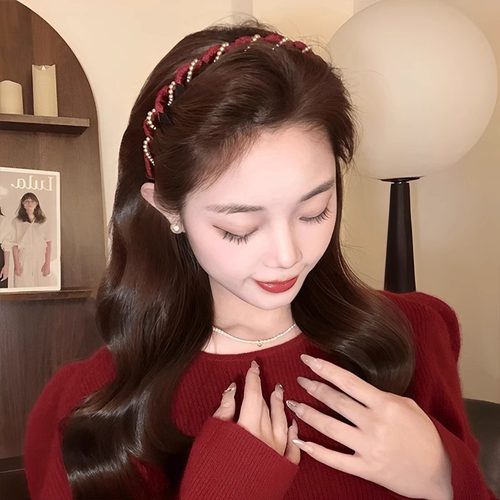 红色丝绒珠珠波浪发箍压发头饰