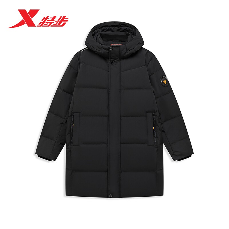 特步保暖连帽中长款鸭绒羽绒服男