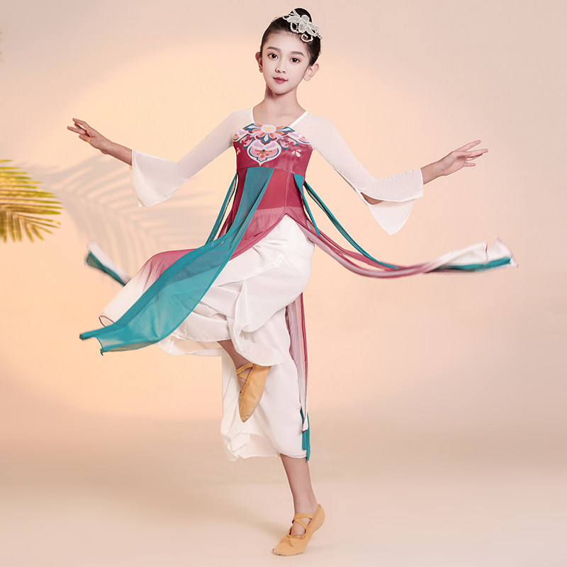 儿童古典舞中国风演出服飘逸长裙少儿扇子舞纱衣桃花妆同款练功服