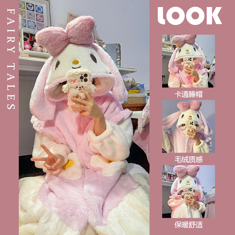 귀여운 토끼 나비 후드 산호 벨벳 잠옷 여성용 달콤한 잠옷 겨울 새 두꺼운 홈웨어 잠옷