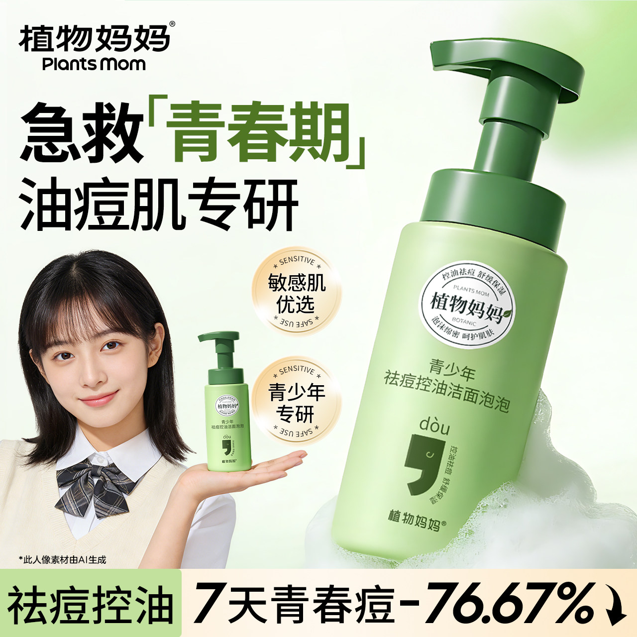 植物妈妈青少年洗面奶男孩青春期女专用12岁氨基酸控油祛痘洁面乳图片