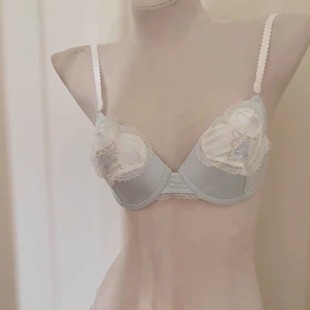 性感宫廷风内衣少女小胸聚拢刺绣蕾丝软钢圈上托蓝色文胸套装 法式