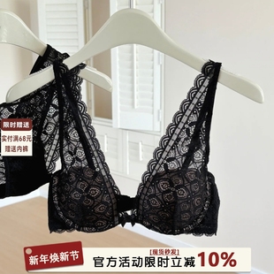黑色法式 性感蕾丝深v内衣女小胸聚拢软钢圈上托透气美背文胸套装