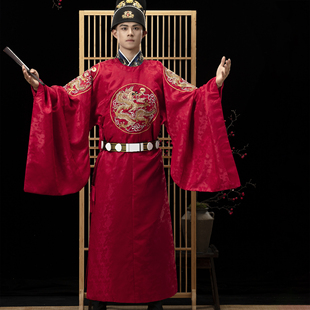 秋冬 婚服大襟团龙纹补服官服大码 炎蔻明制圆领袍男士 汉服红色中式