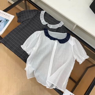 木耳领格子小衫 胸围98长度58
