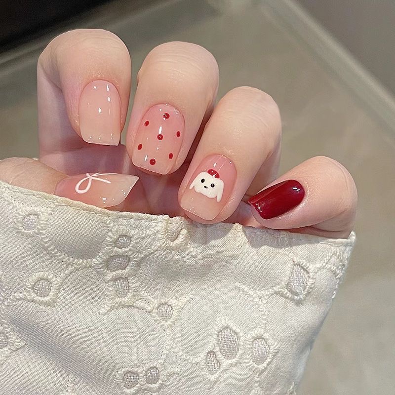 卡通动物波点蝴蝶结时尚少女百搭可爱短款可拆卸手工穿戴甲美甲片