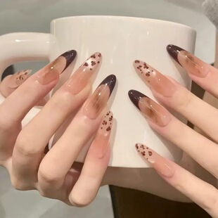 美拉德豹纹晕染长款杏仁穿戴甲片可拆卸手工美甲温柔法式指甲贴片