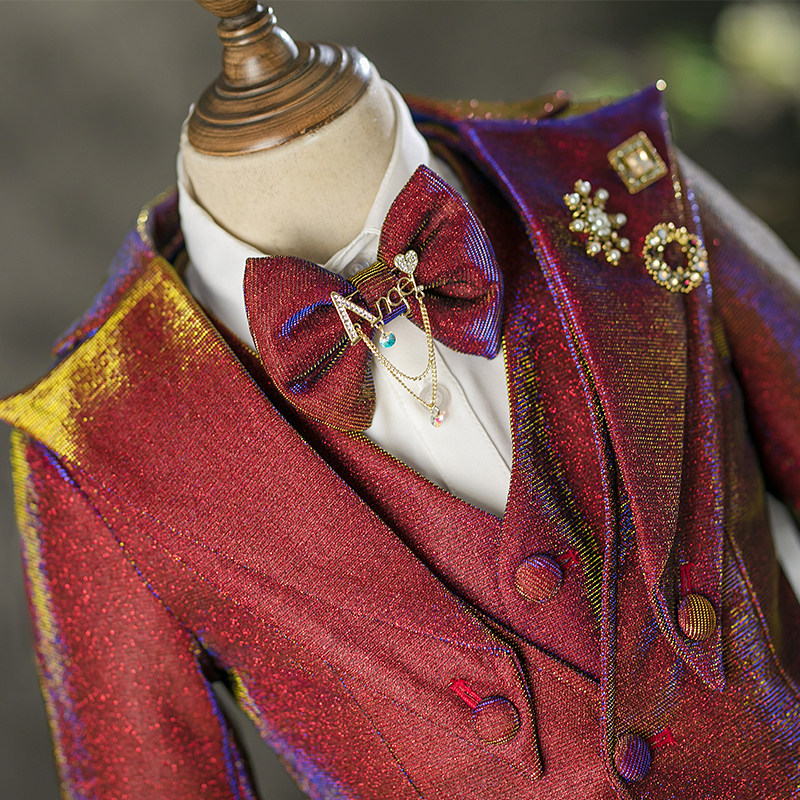 男童西装套装高端儿童英伦风走秀小西服花童礼服钢琴演出服酒红色