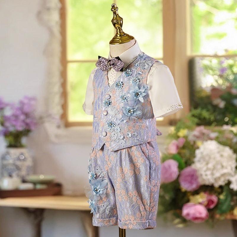 男童西装套装手工钉花高端儿童西服马甲花童礼服小少爷钢琴演出服