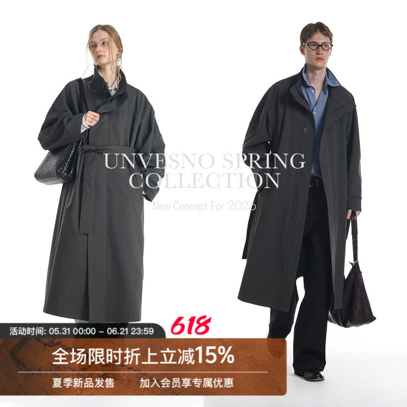 明星同款【极简直线结构】Unvesno(UN)墨灰廓形立领长款风衣