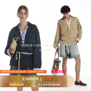 秋季 Unvesno 衬衫 假两件莱赛尔V领撞色宽松休闲长袖