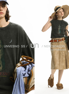 【洗水做旧】Unvesno(UN) 夜空维纳斯印花磨破工艺情侣款短袖T恤