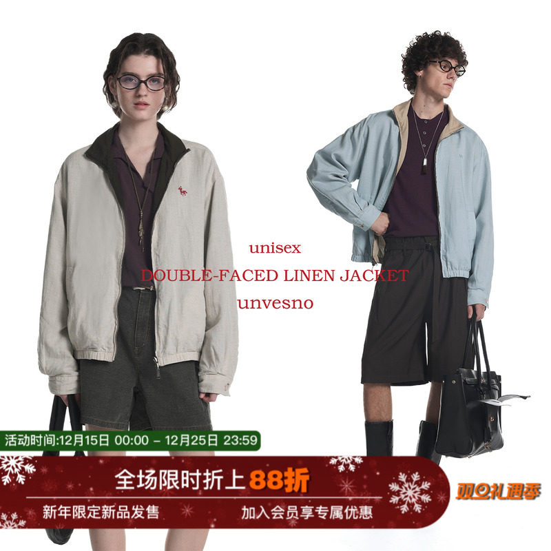 【双面穿】Unvesno(UN)老钱秋季莱塞尔亚麻混纺撞色马标刺绣夹克