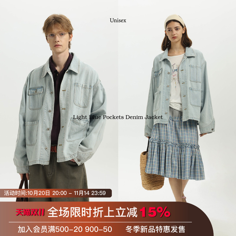 Unvesno(UN)老钱风水洗多口袋工装宽松翻领牛仔外套