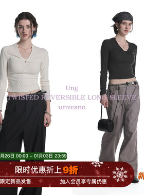 Unvesno(UN)老钱两穿扭结堆叠提花坑条正肩修女生身长袖上衣