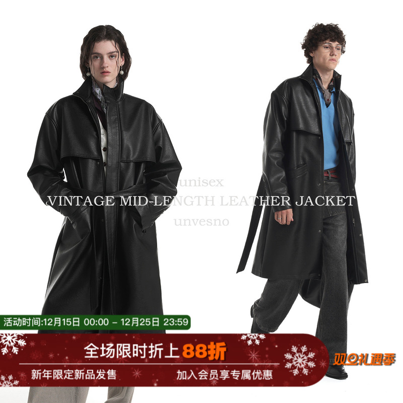 【配腰带】Unvesno(UN)查理战壕仿真皮古着翻领中长皮革风衣抗风